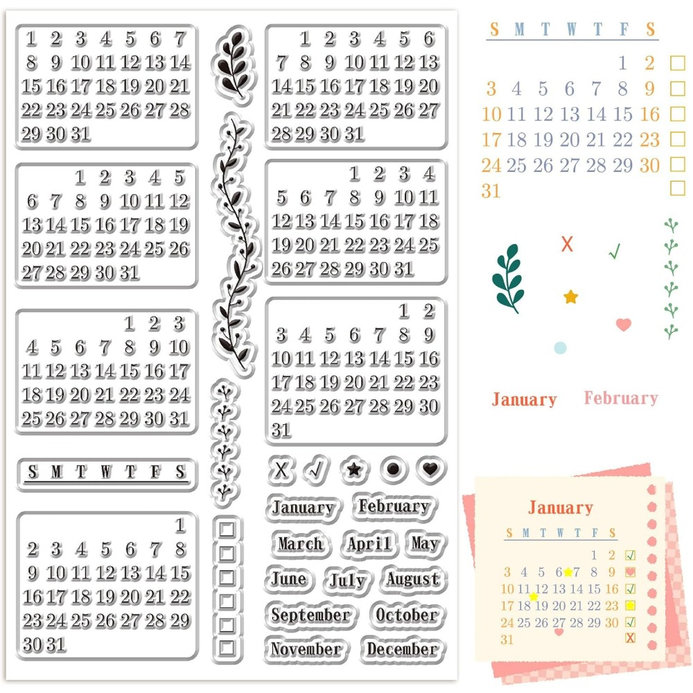 Rubber Date Stamp - Hojas de sellos transparentes para calendario,
